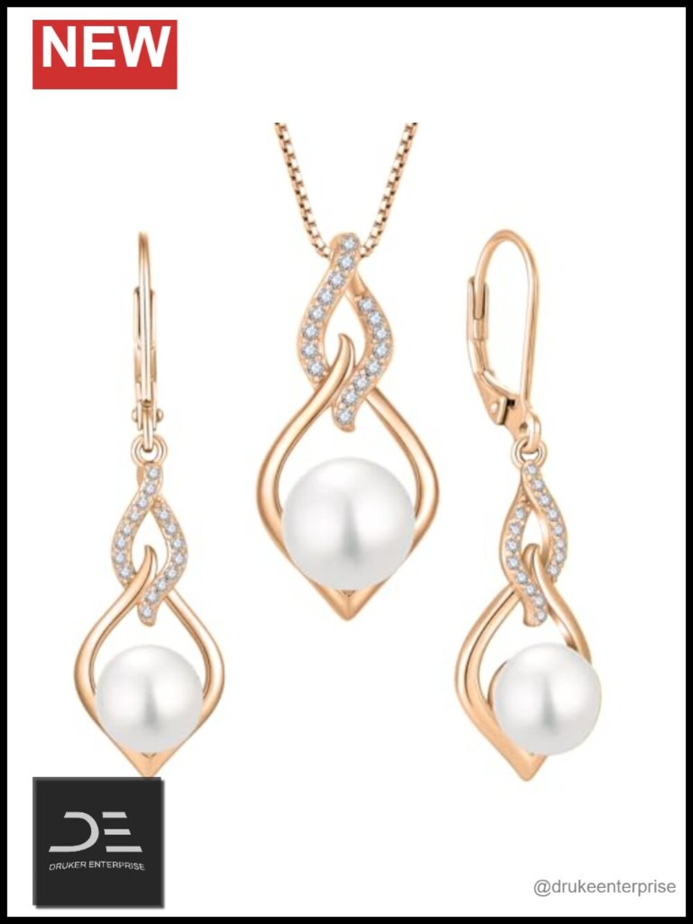 925 Sterling Silver Infinity Pearl Earrings Necklace Jewelry Set Rose Gold